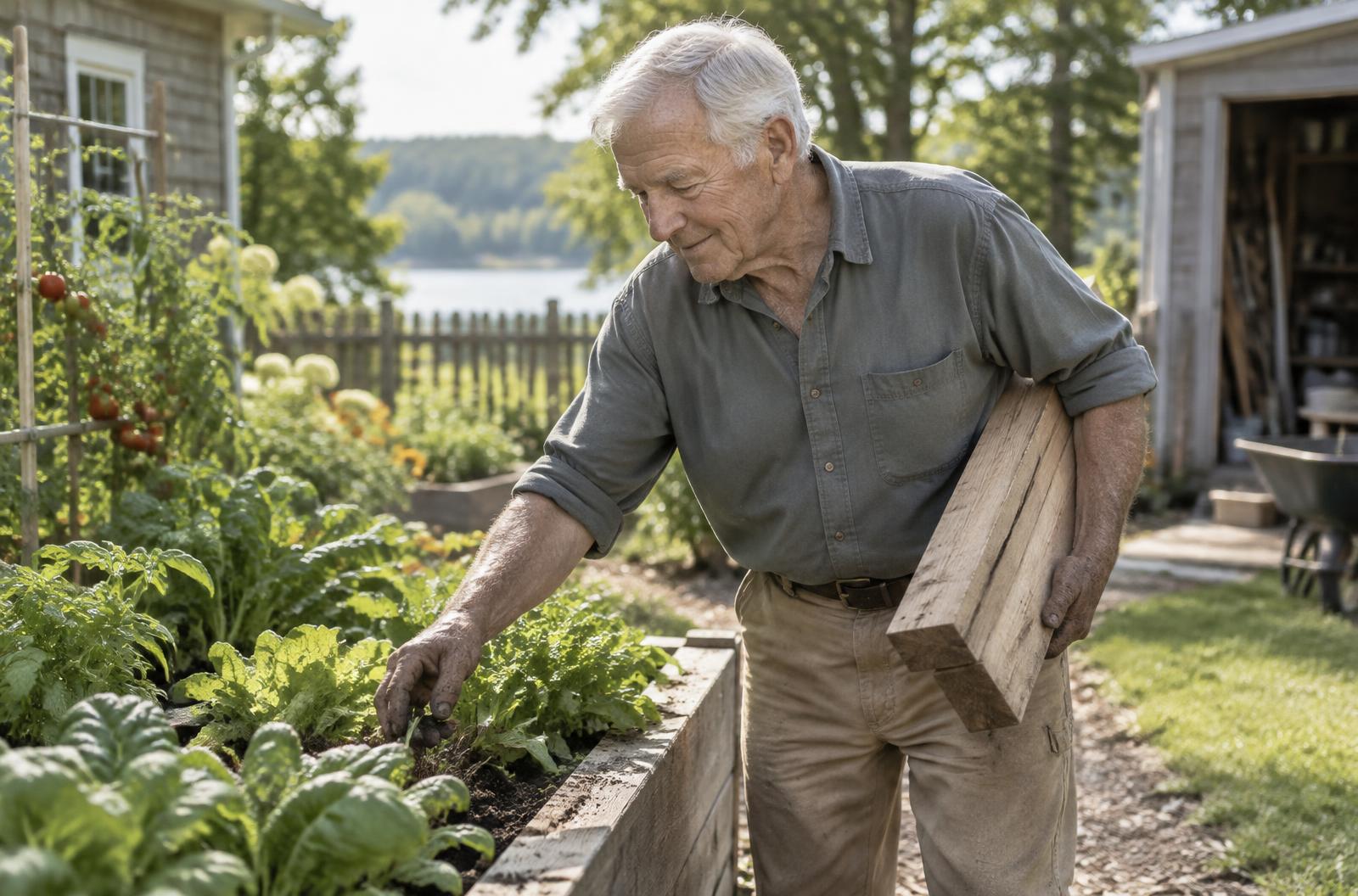 Ken tending his garden while carrying lumber